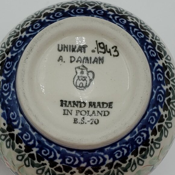 Polish Pottery Rose Bud Roundup Bubble Mug Red Yellow Flowers Blue Green Leaves - Picture 10 of 10